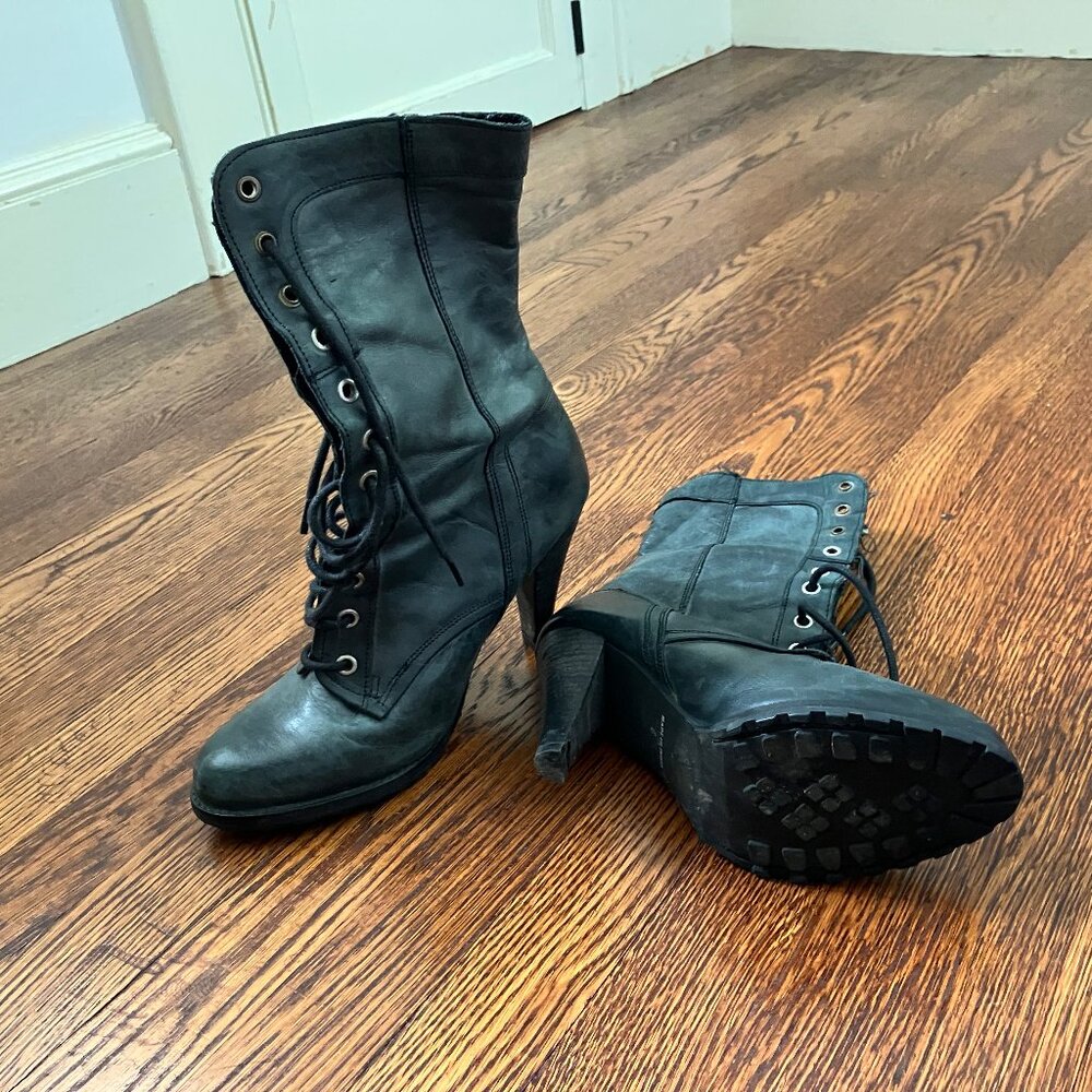 Mid-calf leather lace-up boots, dark grey, Size 8.5 (US) 6 (UK)